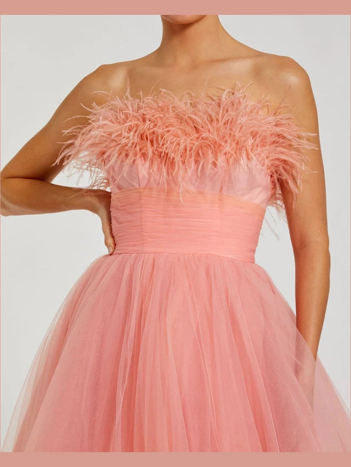 Ombre Strapless Feather Bodice Tulle Gown