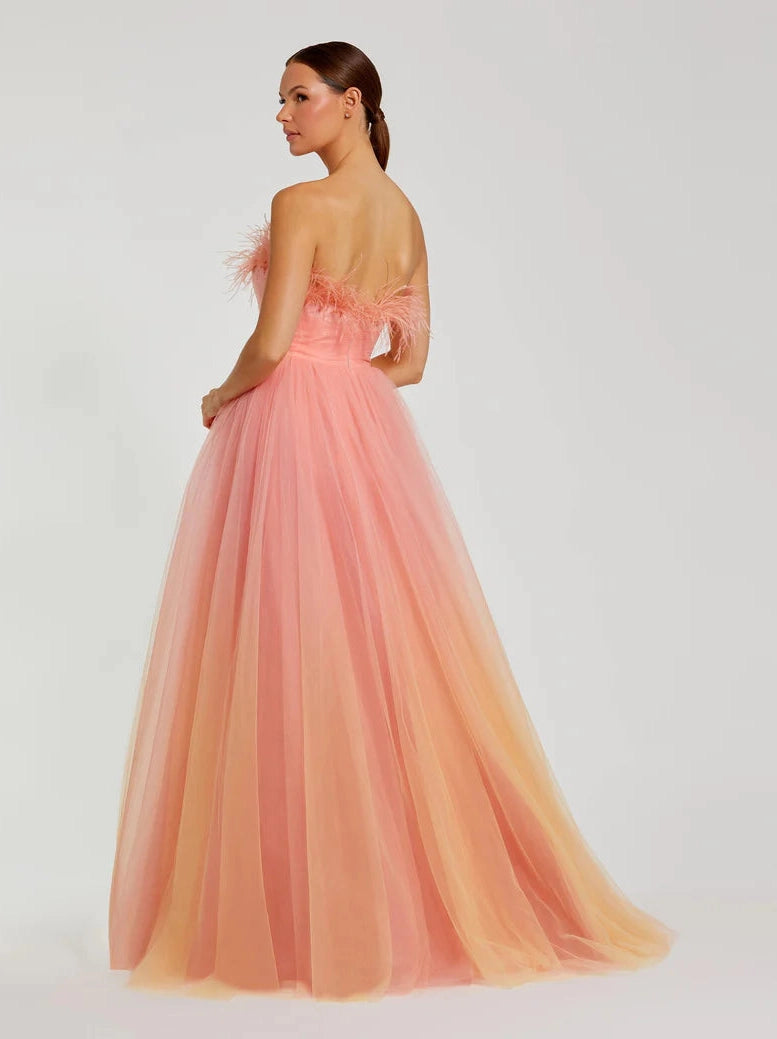 Ombre Strapless Feather Bodice Tulle Gown