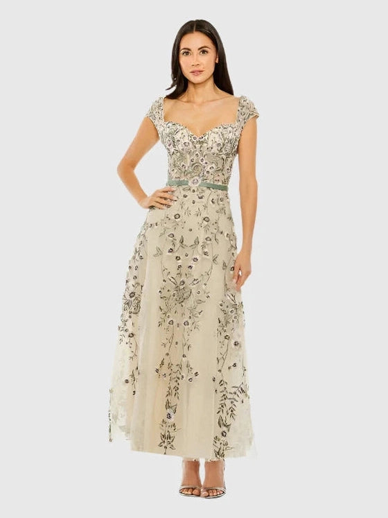 Floral Embroidered Sweetheart Neckline Midi Dress