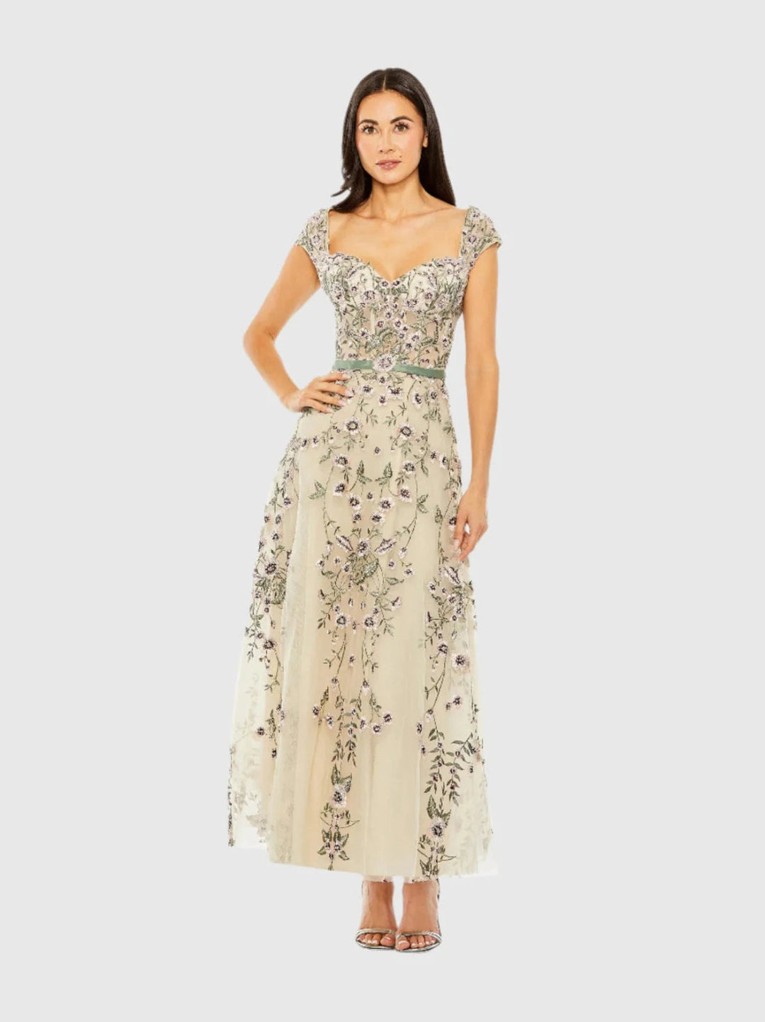 Floral Embroidered Sweetheart Neckline Midi Dress