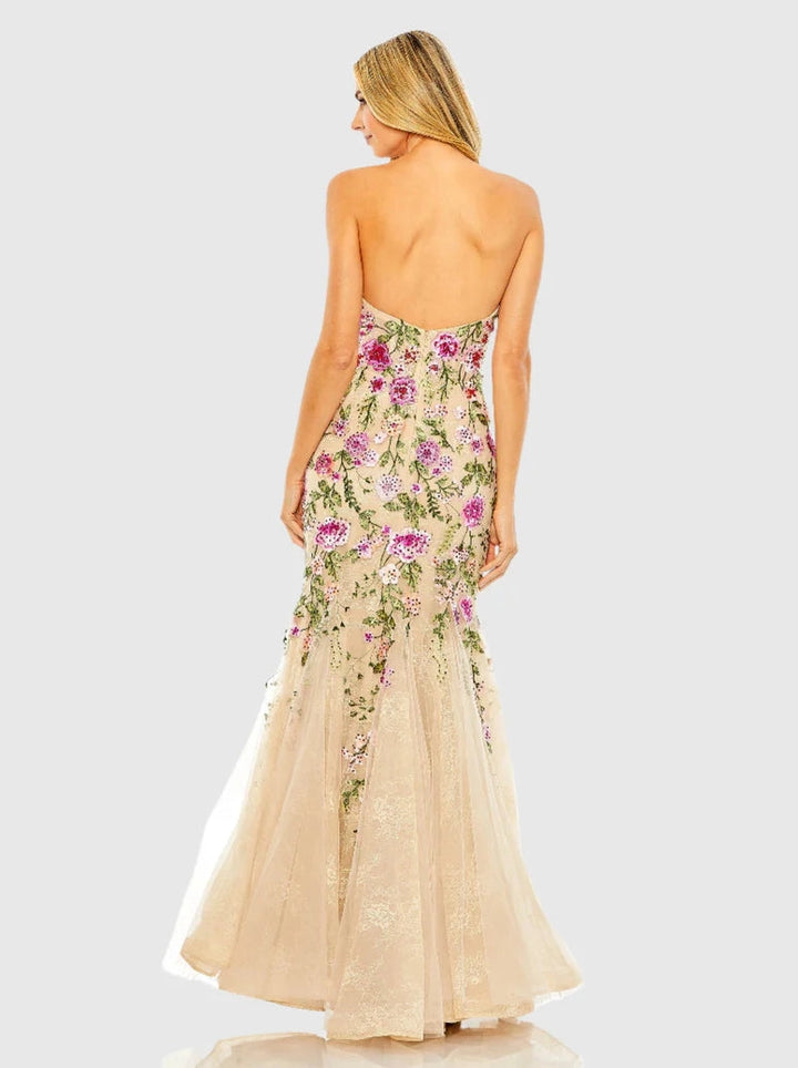 Strapless Sheer Bustier Embroidered Mermaid Gown