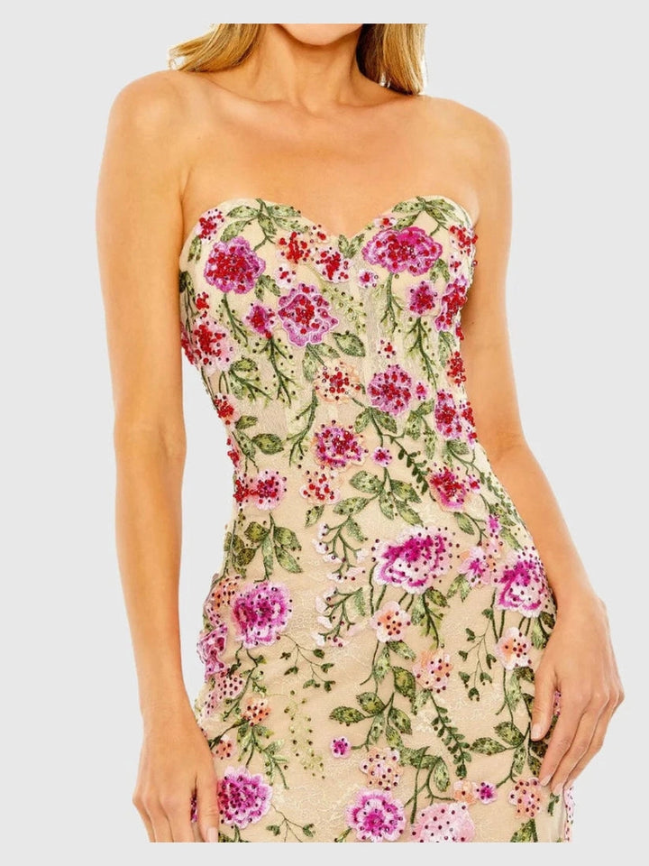 Strapless Sheer Bustier Embroidered Mermaid Gown