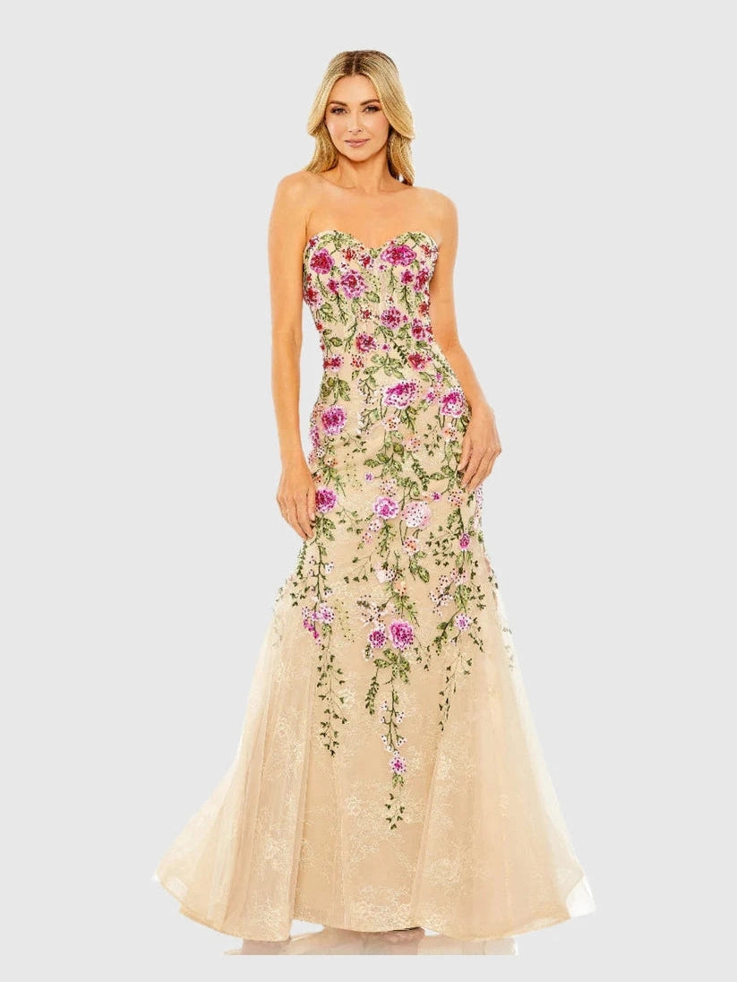 Strapless Sheer Bustier Embroidered Mermaid Gown