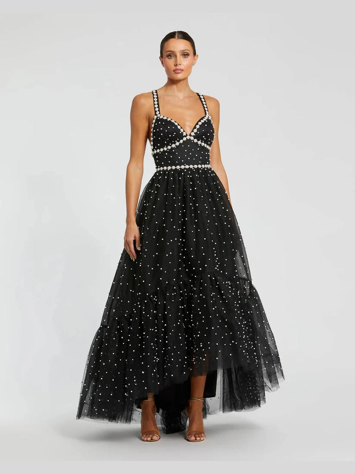 Pearl Beaded High Low Gown