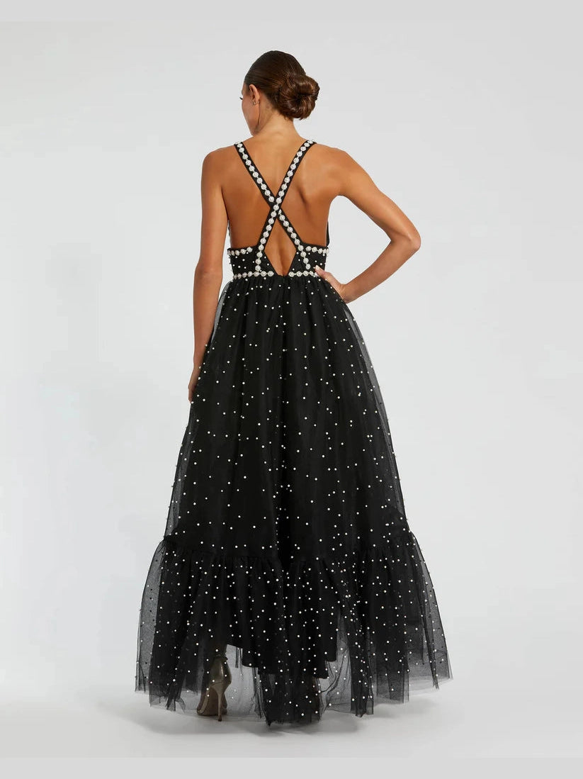 Pearl Beaded High Low Gown