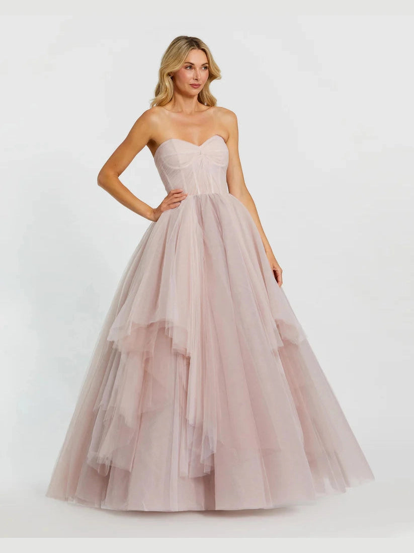 Strapless Bustier Twist Top Ruffle Ballgown
