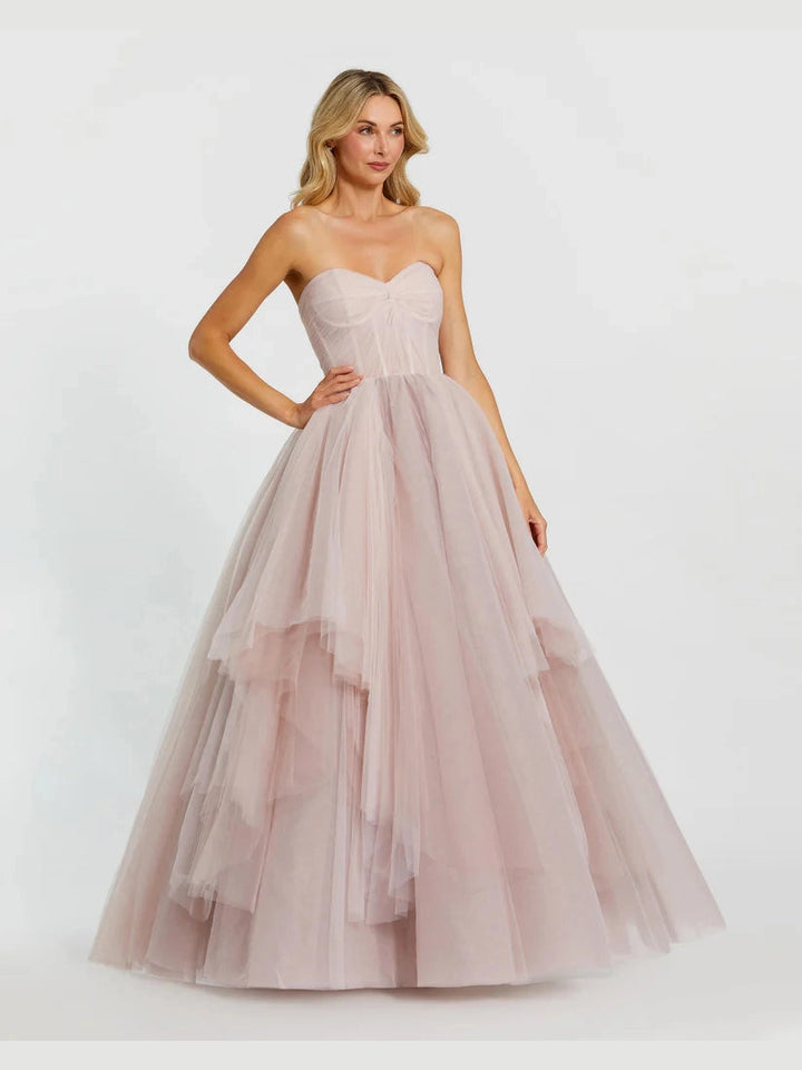 Strapless Bustier Twist Top Ruffle Ballgown