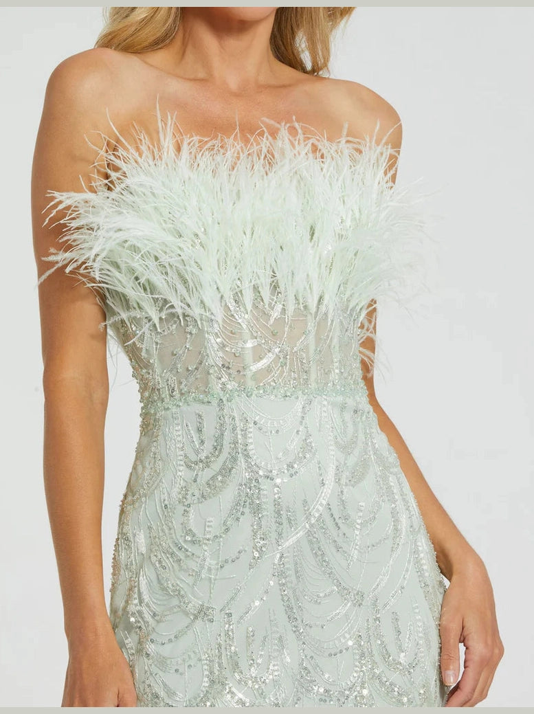 Strapless Feather Bustier Gown with Embroidery