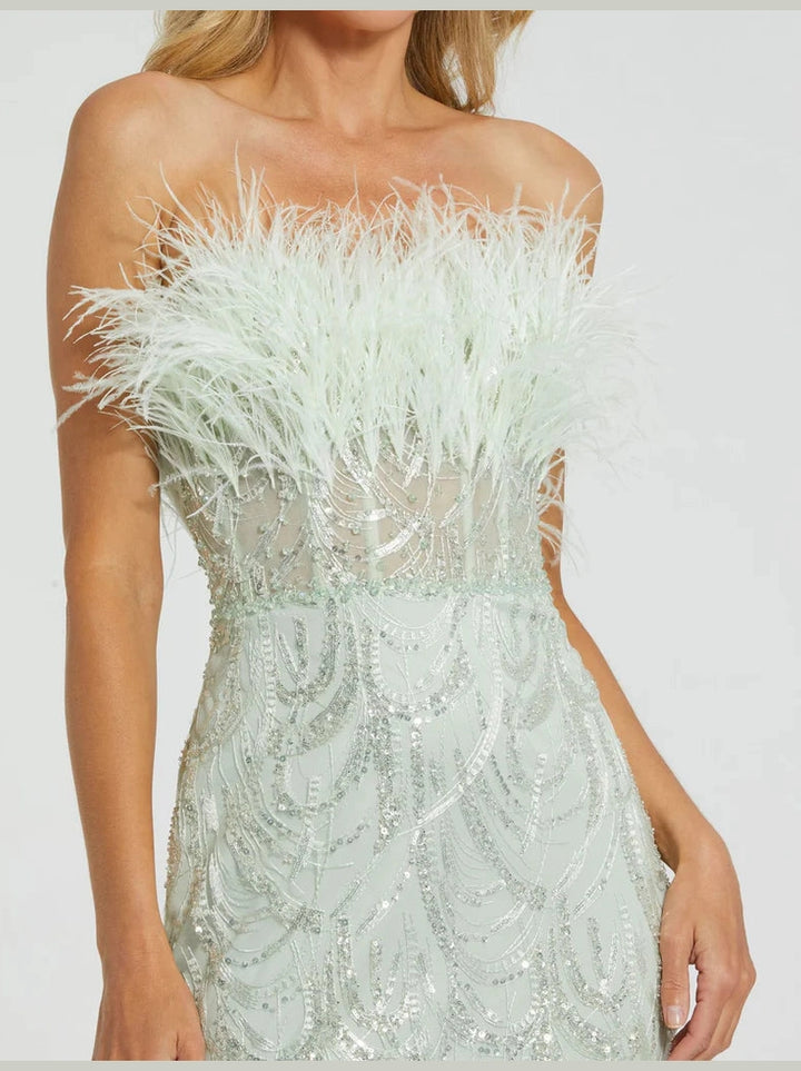 Strapless Feather Bustier Gown with Embroidery