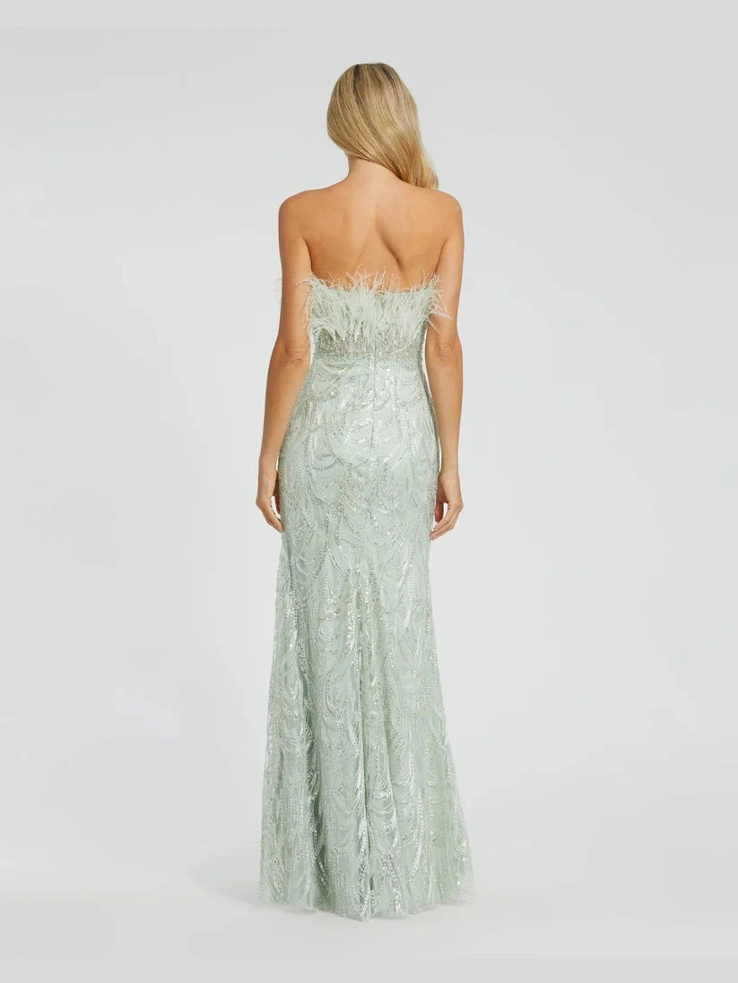 Strapless Feather Bustier Gown with Embroidery