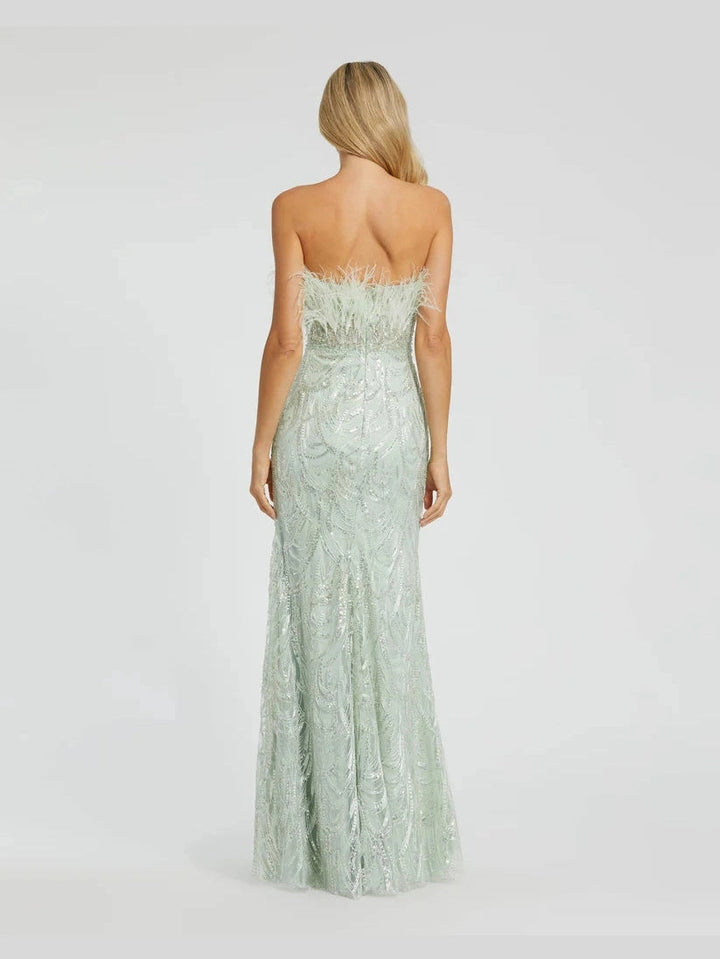 Strapless Feather Bustier Gown with Embroidery