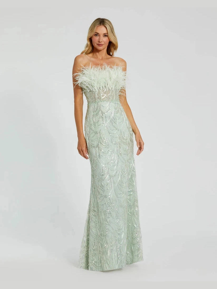 Strapless Feather Bustier Gown with Embroidery