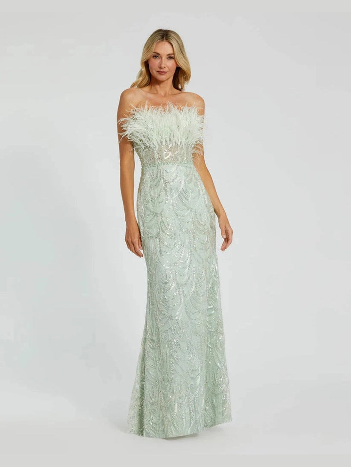 Strapless Feather Bustier Gown with Embroidery