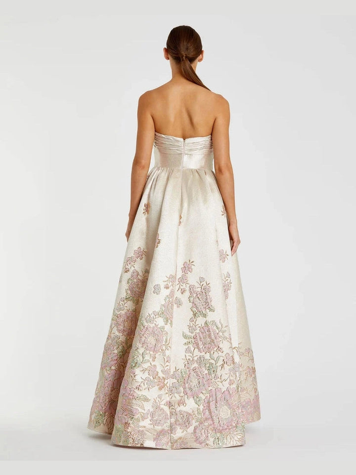 Strapless Floral Gown With Bow Detail