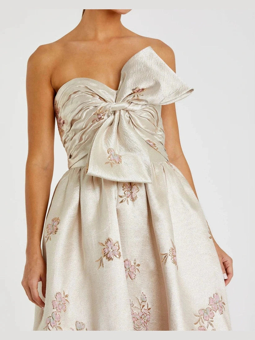 Strapless Floral Gown With Bow Detail