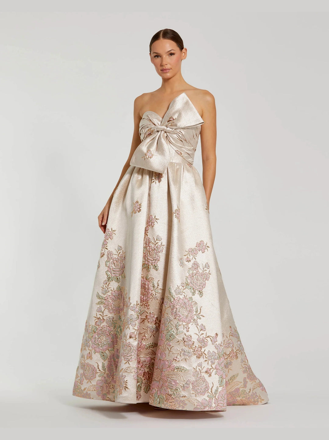 Strapless Floral Gown With Bow Detail