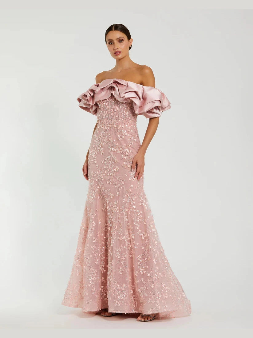 Beaded Applique Off The Shoulder Mermaid Gown