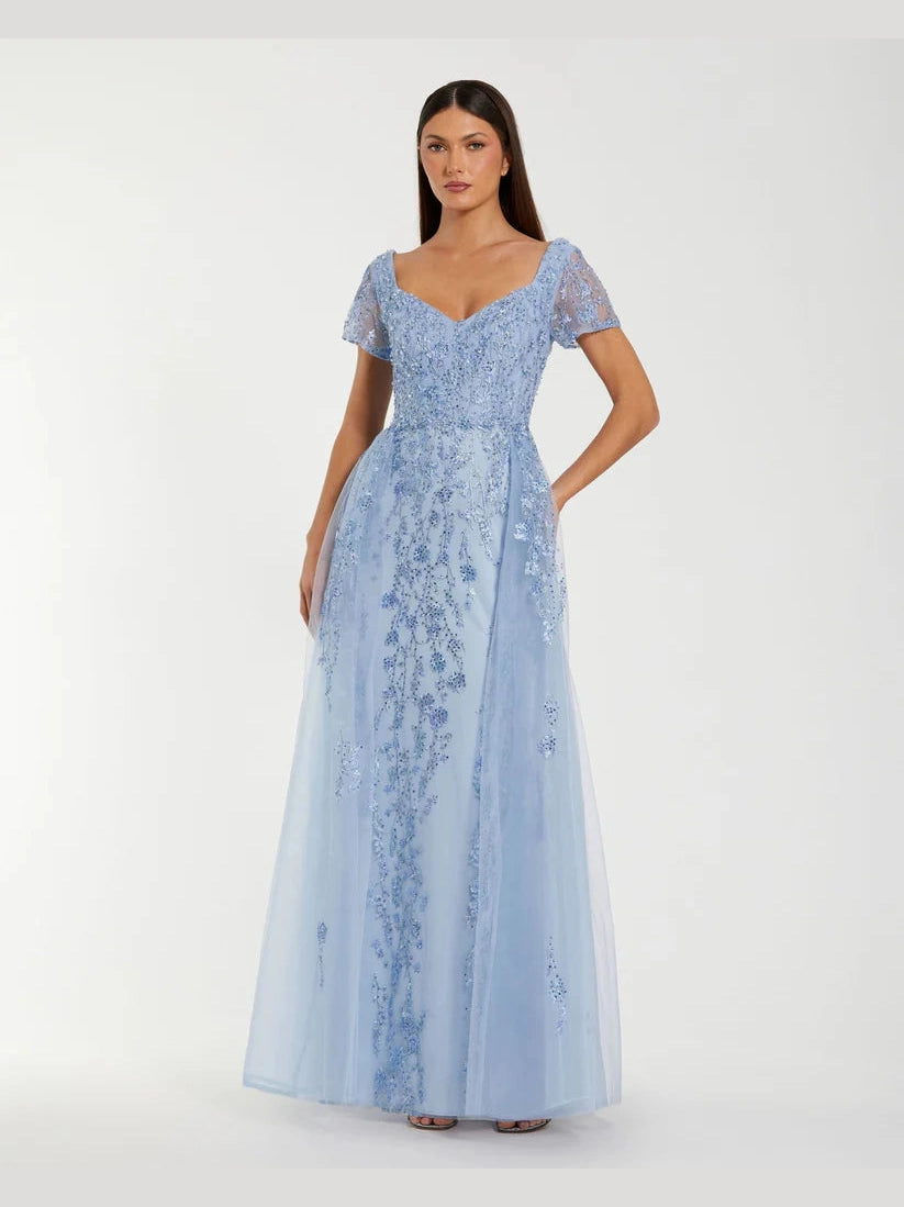 Cap Sleeve Beaded Embroidered Overskirt Gown