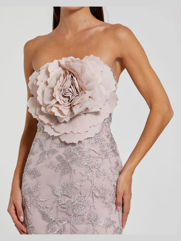 Strapless Beaded Applique Mermaid Gown With Flower