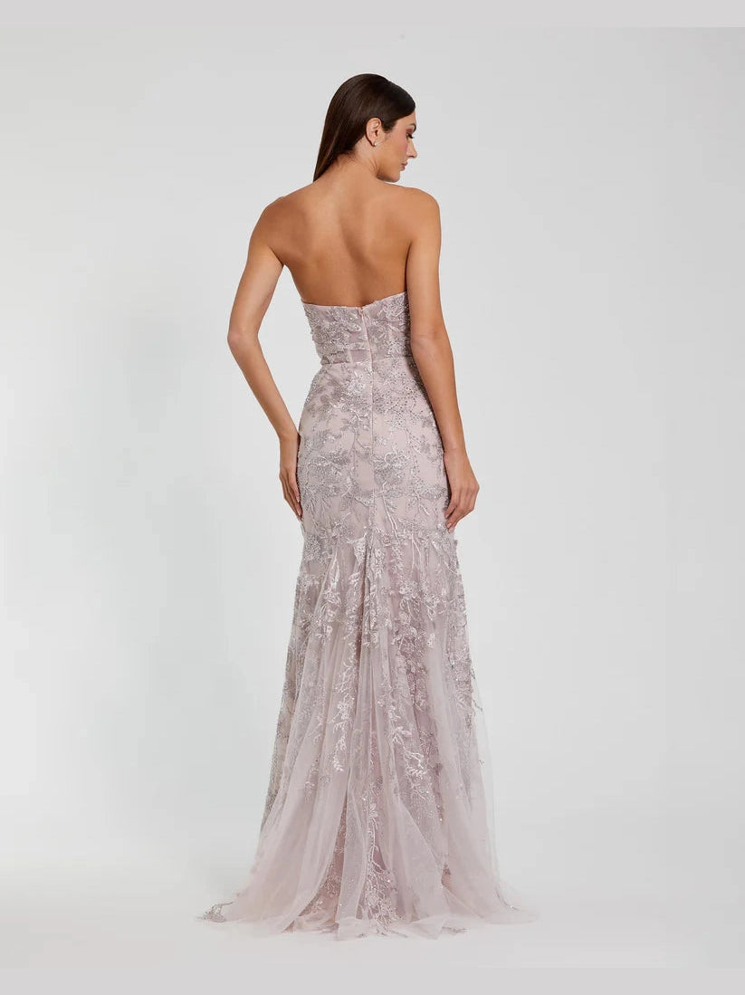 Strapless Beaded Applique Mermaid Gown With Flower