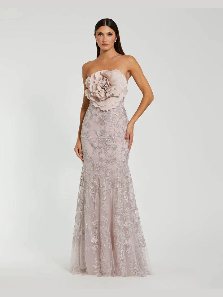 Strapless Beaded Applique Mermaid Gown With Flower