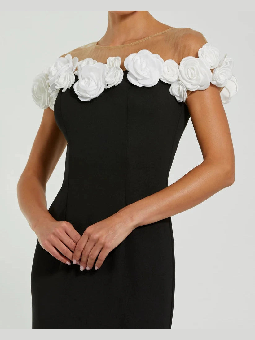 Stretch Crepe Mermaid Gown With 3D Flowers