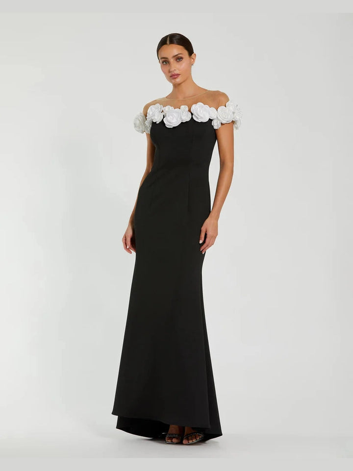 Stretch Crepe Mermaid Gown With 3D Flowers