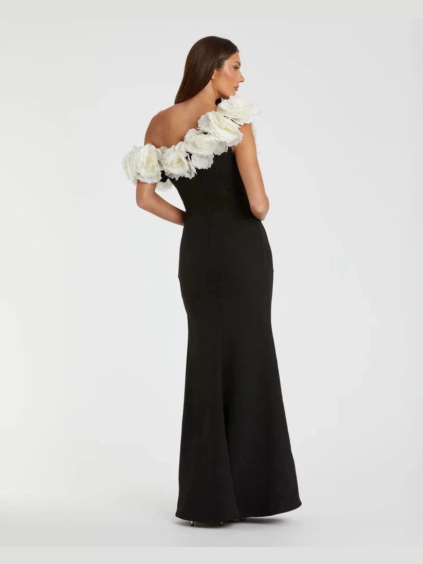Jersey Gown With 3D Flower Off The Shoulder Detail
