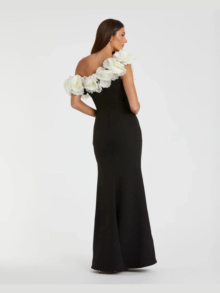 Jersey Gown With 3D Flower Off The Shoulder Detail