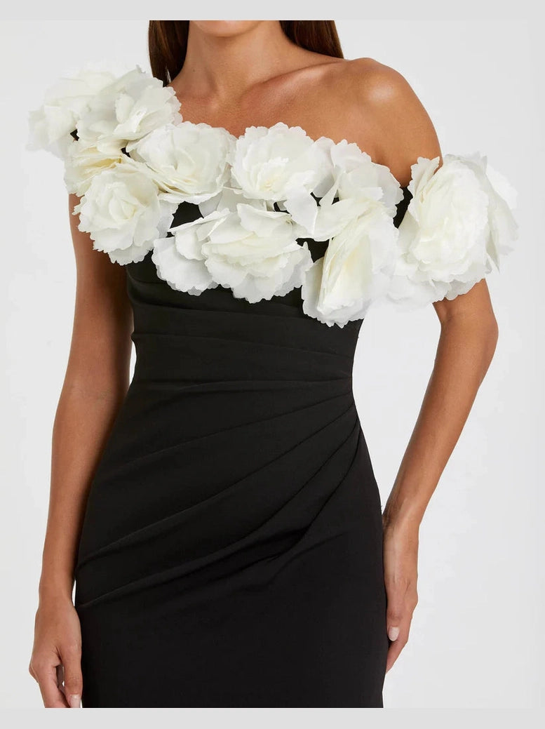 Jersey Gown With 3D Flower Off The Shoulder Detail