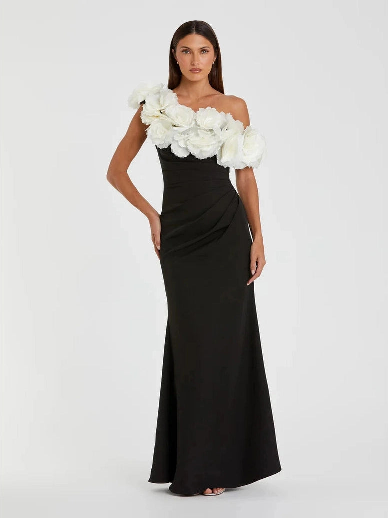 Jersey Gown With 3D Flower Off The Shoulder Detail