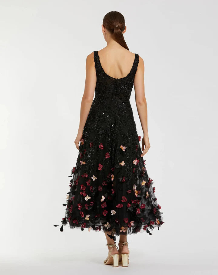 Floral Applique Scoop Tea-Length Dress