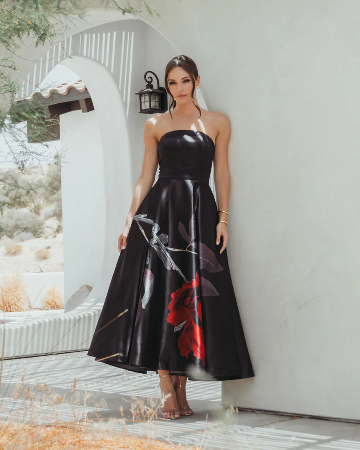 Black Crepe Printed Strapless Midi Dress With Pockets