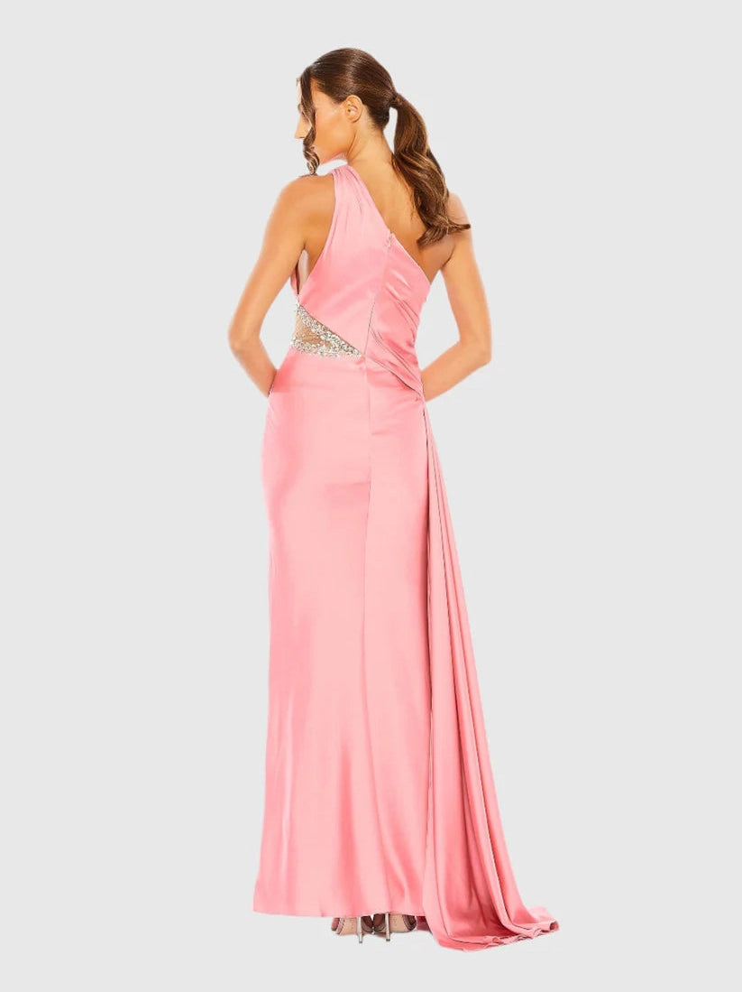 One Shoulder Embellished Satin Gown