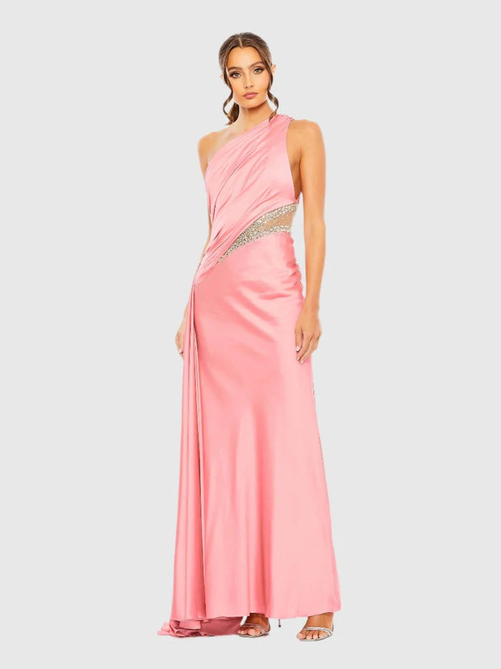 One Shoulder Embellished Satin Gown