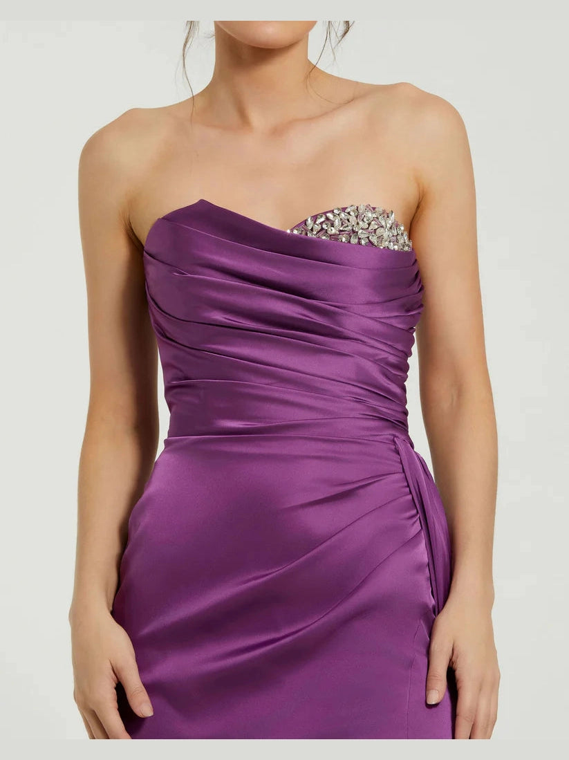 Strapless Embellished Sweetheart Neckline Satin Gown