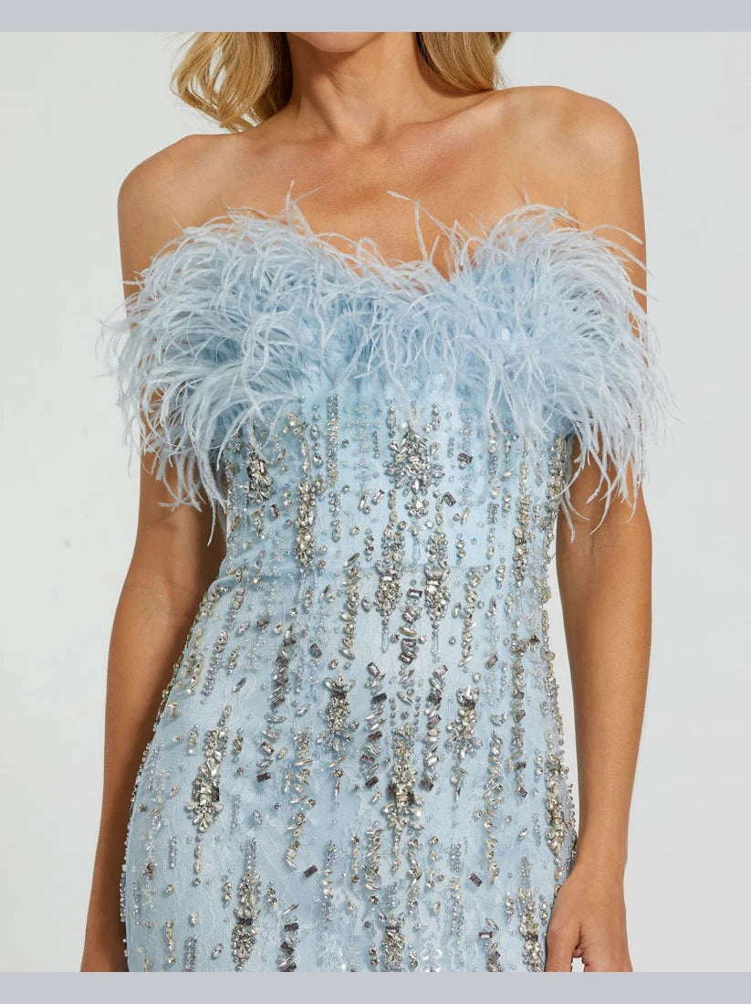Strapless Feather Embellished Mermaid Gown