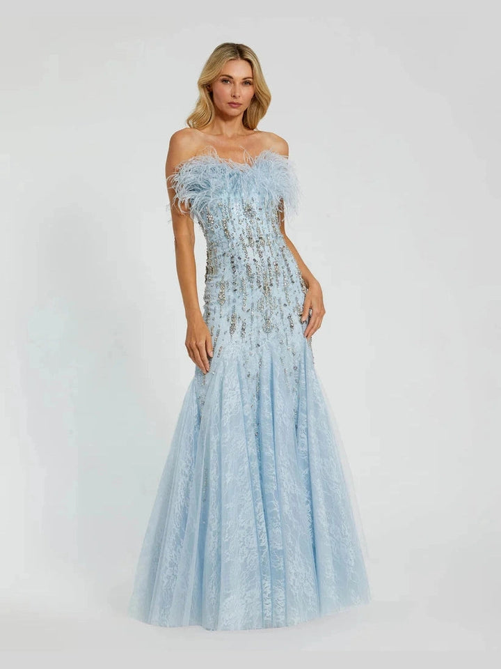 Strapless Feather Embellished Mermaid Gown