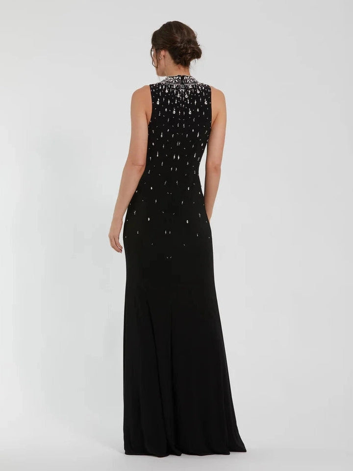 High Neck Sleeveless Beaded Jersey Fitted Gown