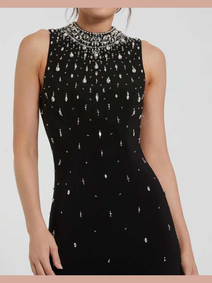 High Neck Sleeveless Beaded Jersey Fitted Gown