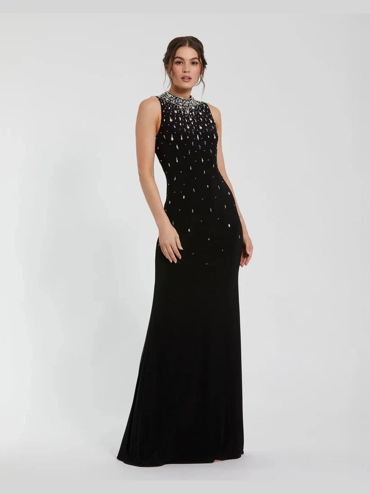 High Neck Sleeveless Beaded Jersey Fitted Gown