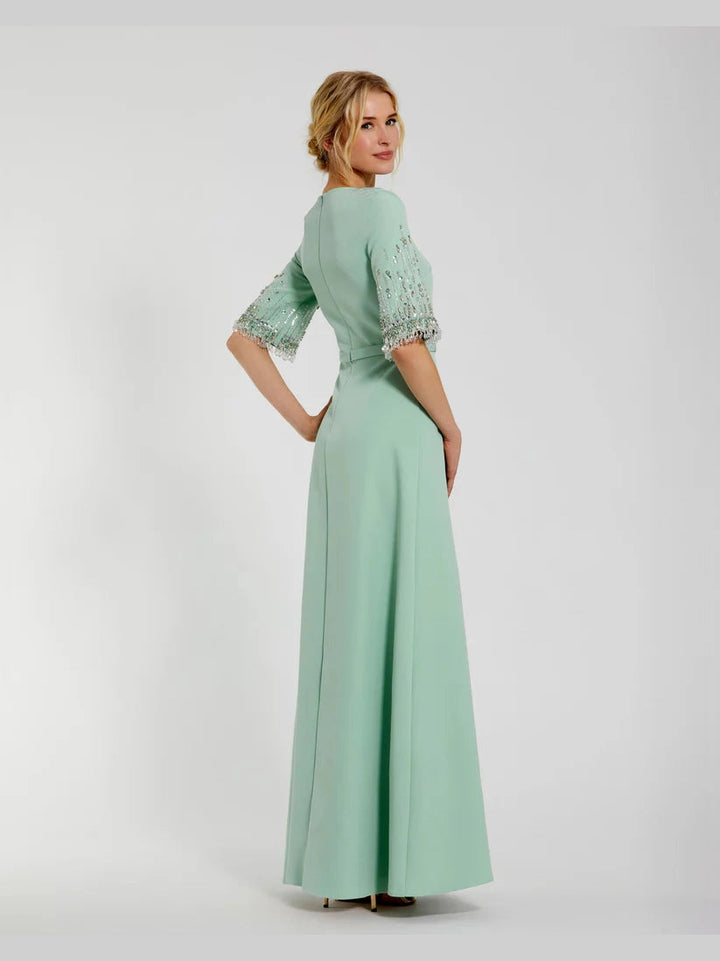 Crepe A Line Gown With Beaded 3/4 Sleeves