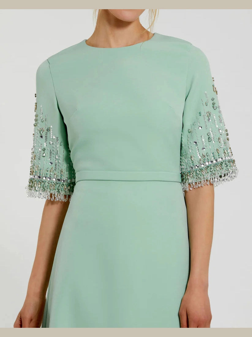 Crepe A Line Gown With Beaded 3/4 Sleeves