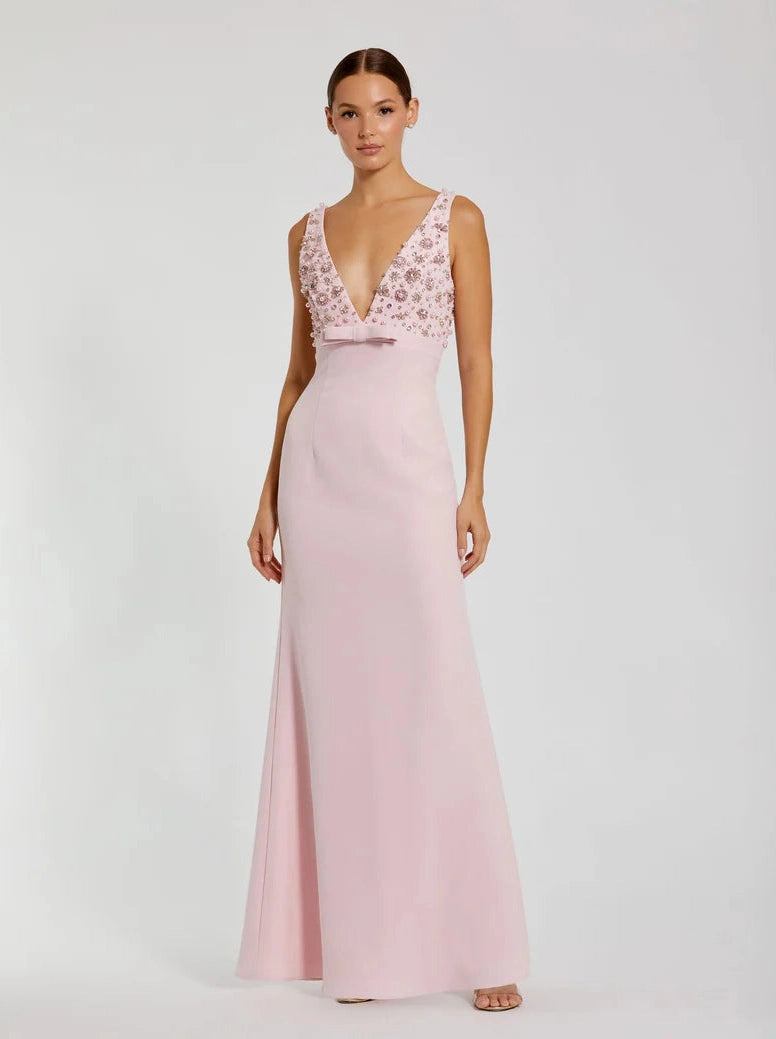Crepe Sleeveless Beaded V Neck Gown With Bow