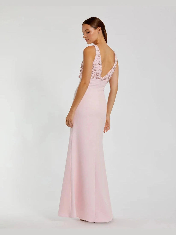 Crepe Sleeveless Beaded V Neck Gown With Bow