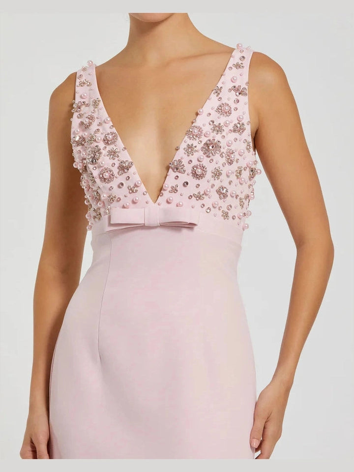 Crepe Sleeveless Beaded V Neck Gown With Bow