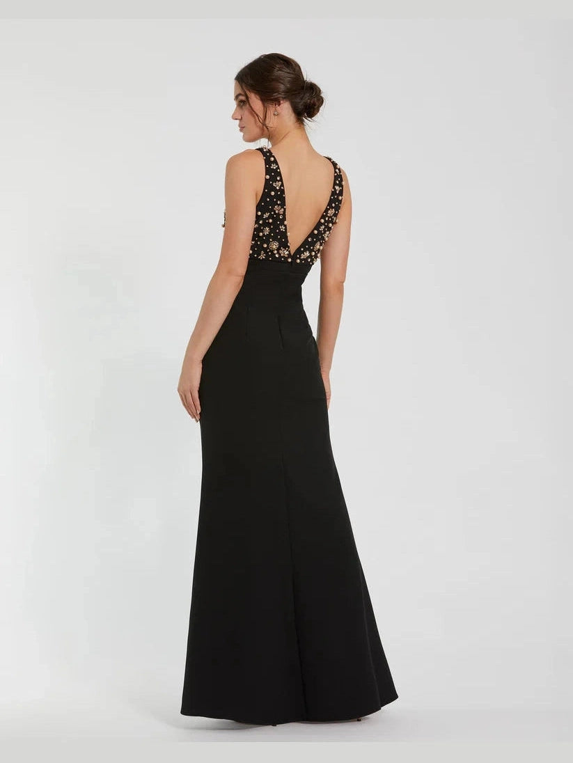 Crepe Sleeveless Beaded V Neck Gown With Bow