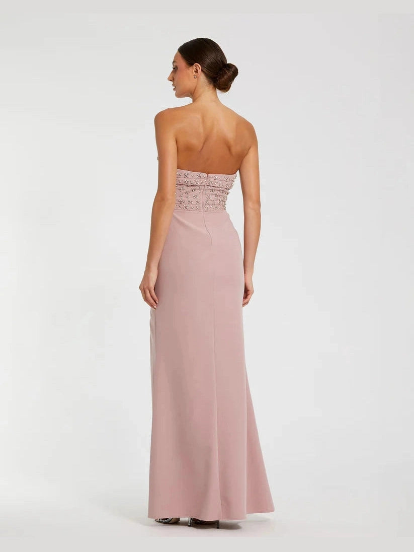 Strapless Crepe Fitted Gown With Rhinestones