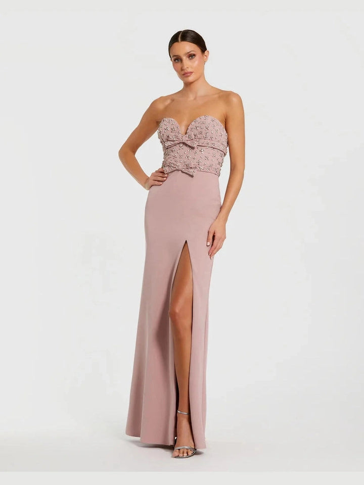 Strapless Crepe Fitted Gown With Rhinestones