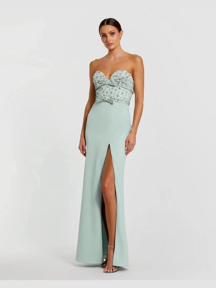 Strapless Crepe Fitted Gown With Rhinestones